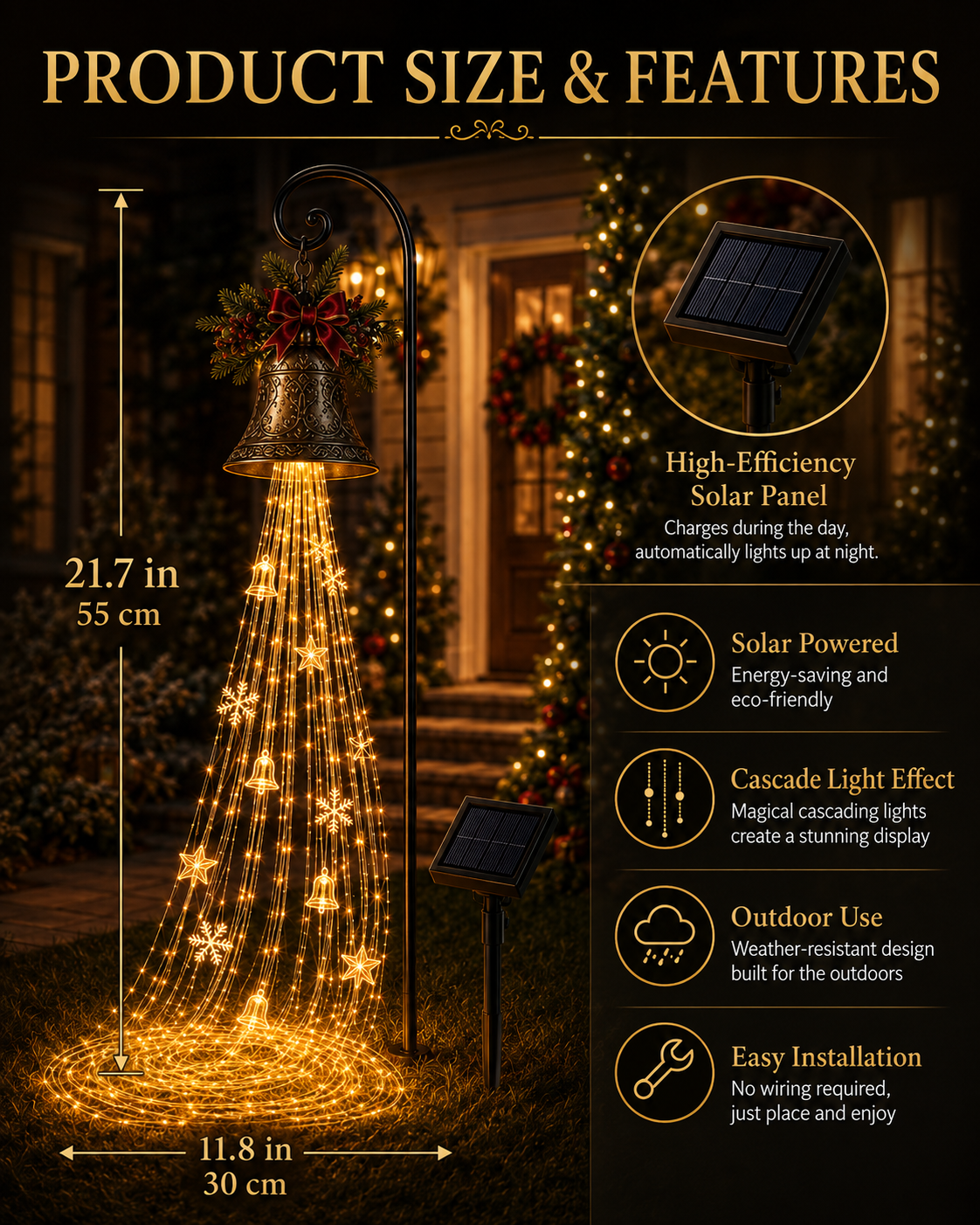 Christmas Bell Cascade solar yard light - dimensions and features