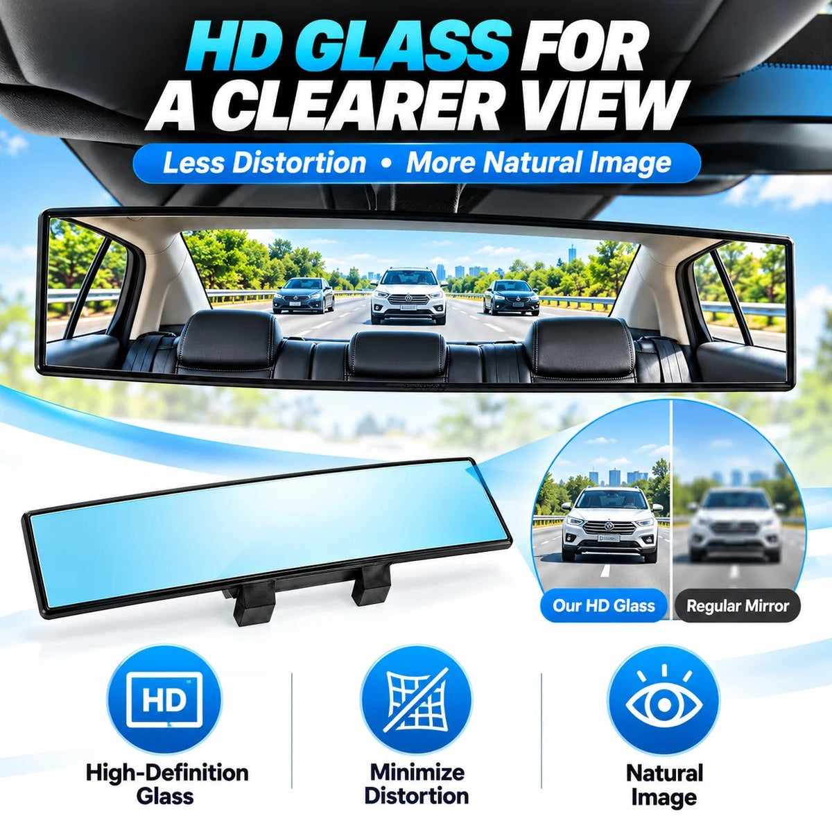 12-Inch HD Convex Panoramic Rearview Mirror – Clip-On Wide-Angle Car Mirror with Anti-Glare Glass & Anti-Slip Clips