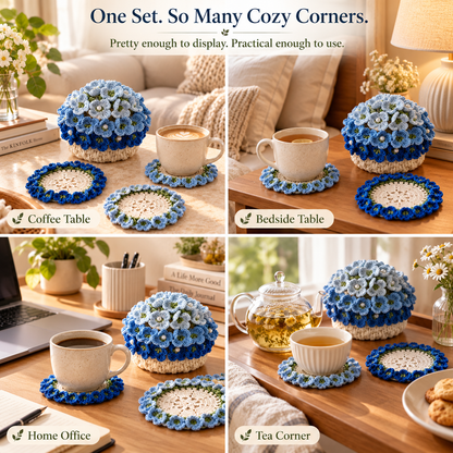 🌸Blue Hydrangea Crochet Coaster Set with Pot