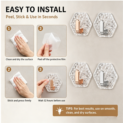 Peel-and-stick hexagon hook installation