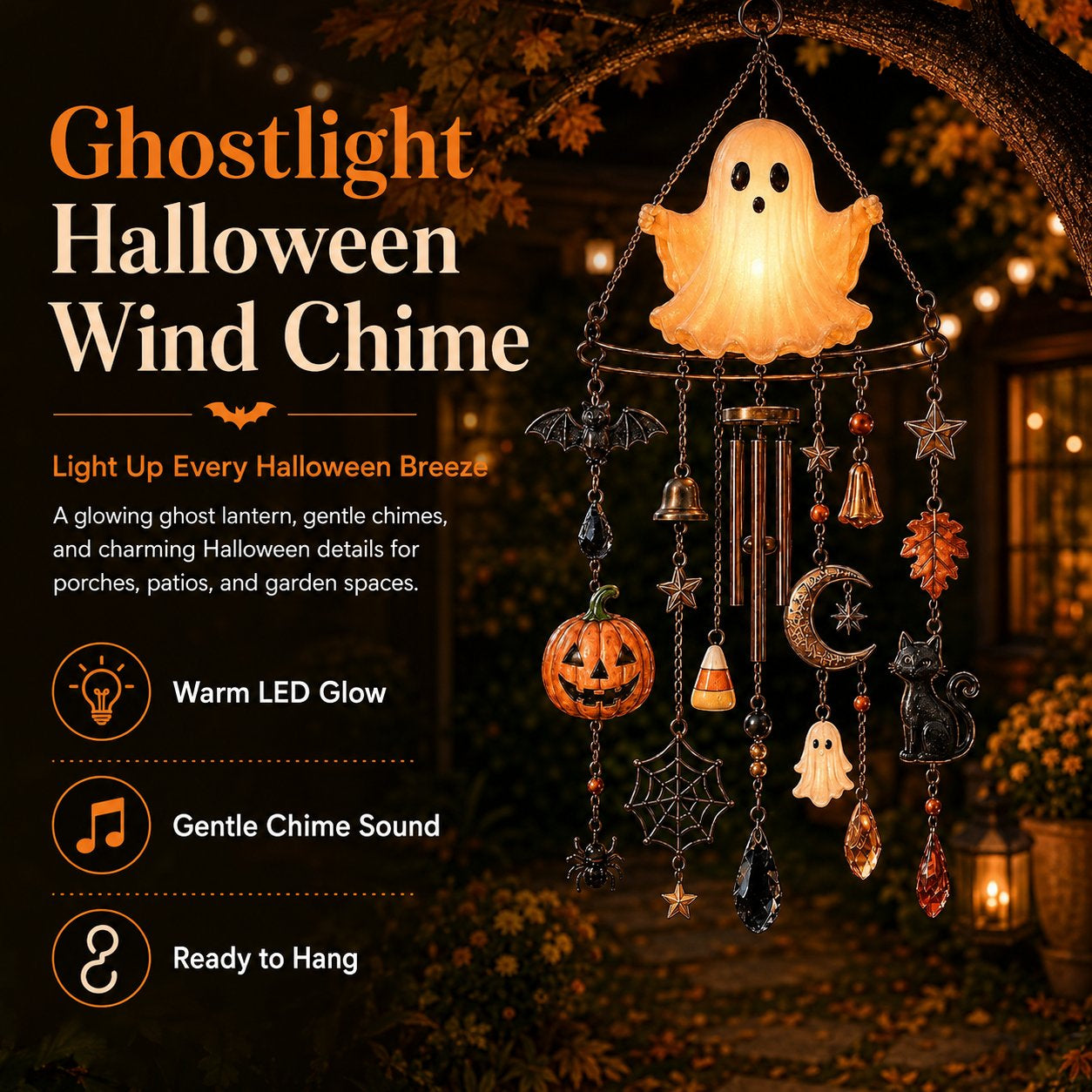 👻Haunted Ghost Wind Chime – Glowing Halloween Outdoor Porch & Garden Decor