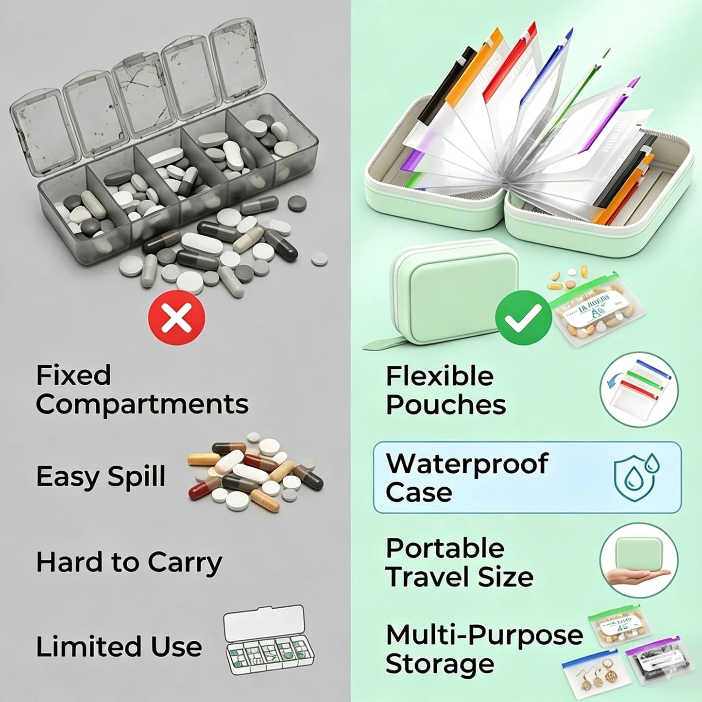 🔥Hot Sale 50% OFF🔥 💊A8 Waterproof 14-Pouch Weekly Pill Organizer, Color-Coded Travel Storage for Vitamins & Supplements