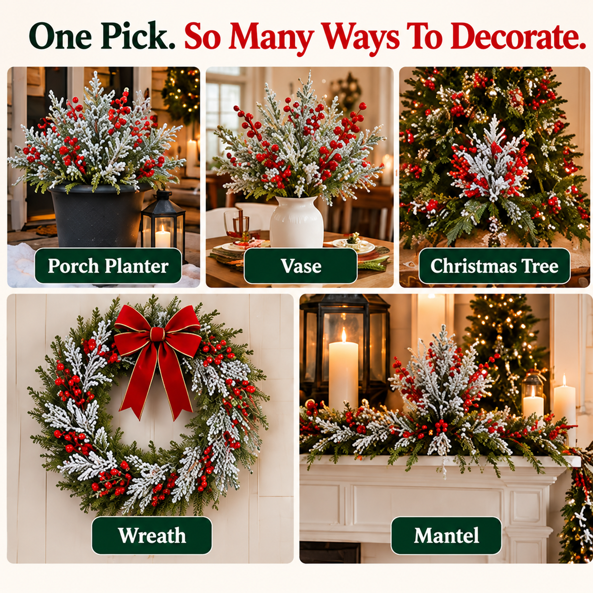 🎄Christmas Sale🎄Snowy Cedar & Red Berry Christmas Picks