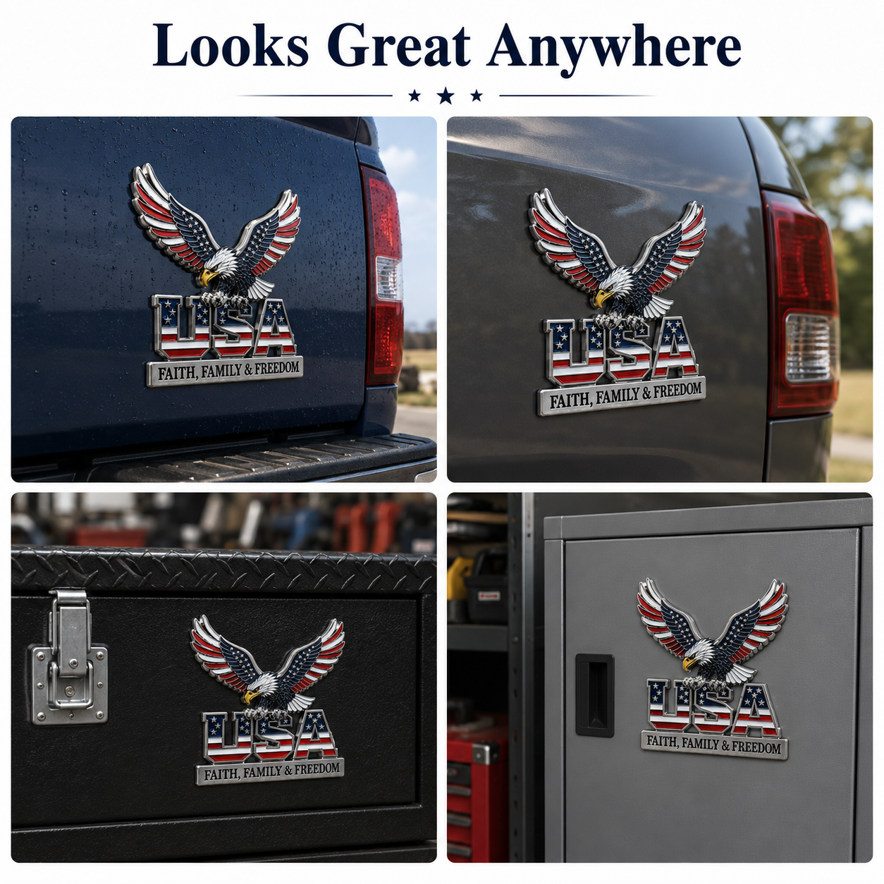 🔥Hot Sale 43% OFF 🎁3D Patriotic Eagle USA Car Emblem || Faith, Family & Freedom Metal Badge