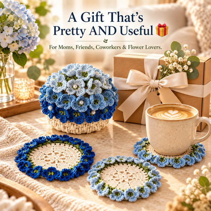 🌸Blue Hydrangea Crochet Coaster Set with Pot