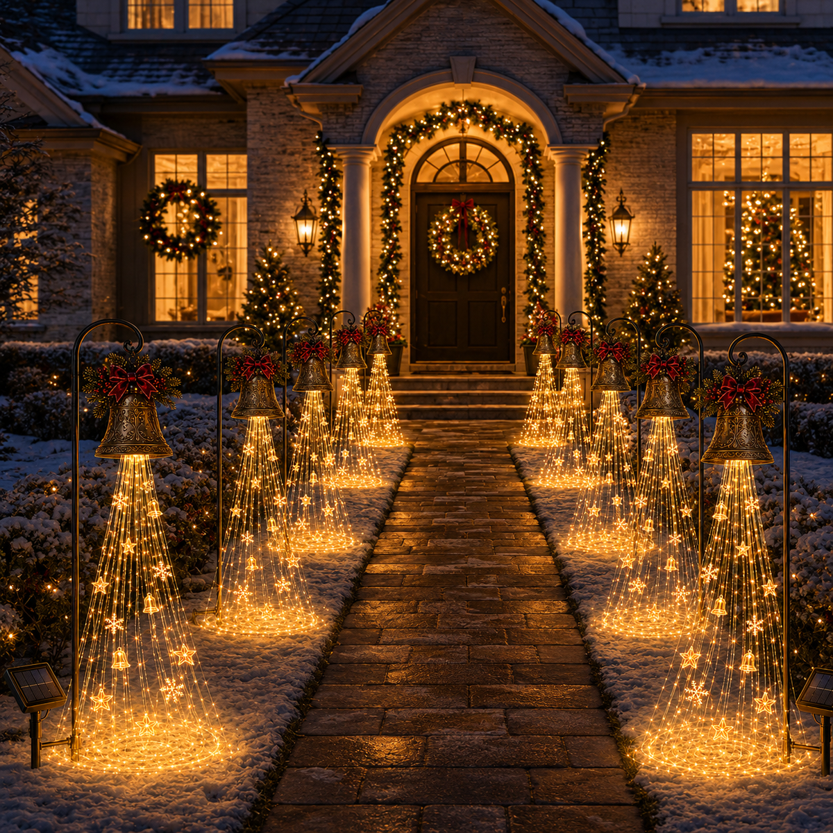 Christmas Bell Cascade solar lights - front yard walkway display
