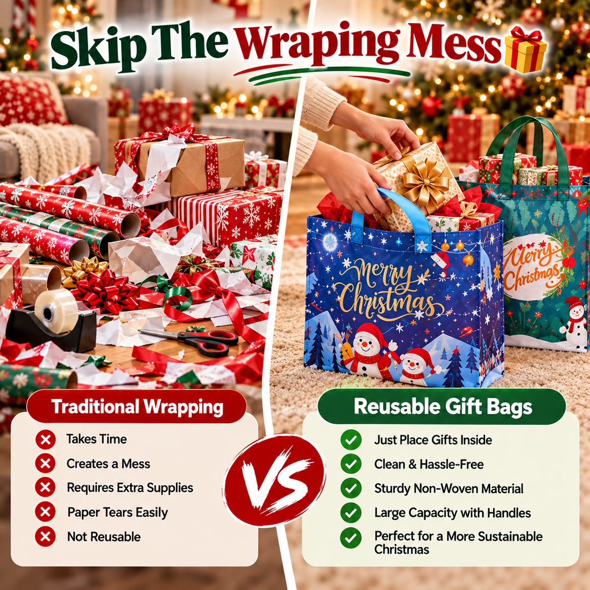 🎄Christmas Sale 49% OFF🎄16 Pack Large Reusable Non-Woven Christmas Gift Bags with Handles