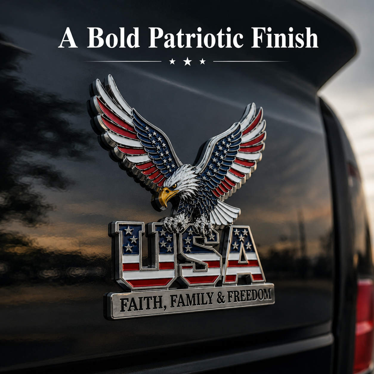 🔥Hot Sale 43% OFF 🎁3D Patriotic Eagle USA Car Emblem || Faith, Family & Freedom Metal Badge