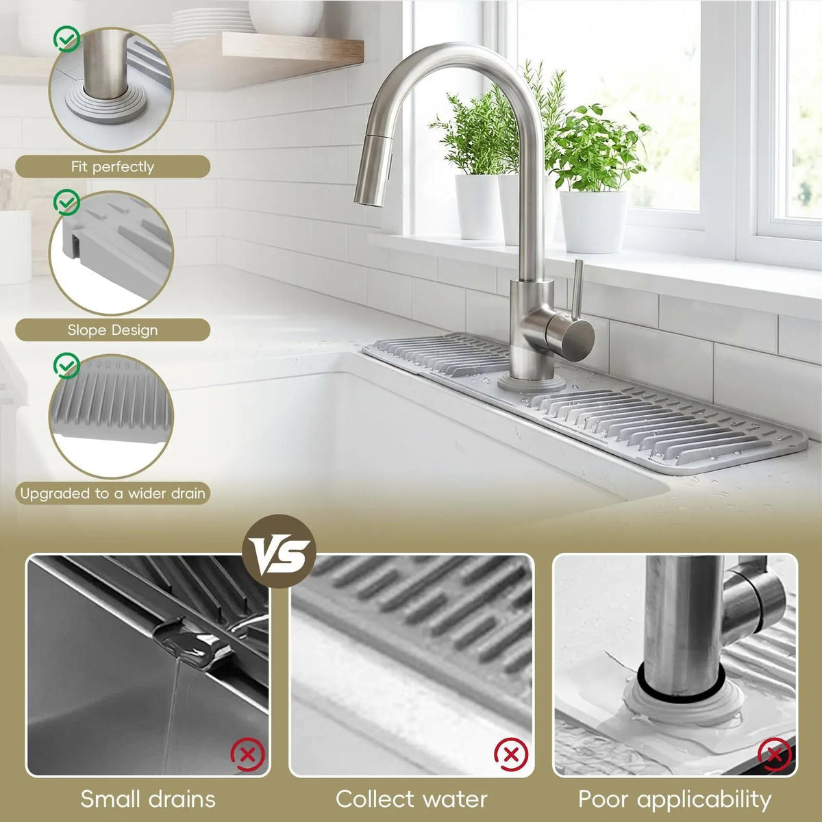 Silicone faucet mat features and self-draining sink-side placement