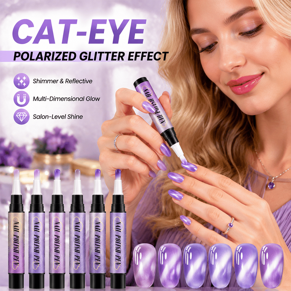 Cat-eye polarized glitter nail art pen look
