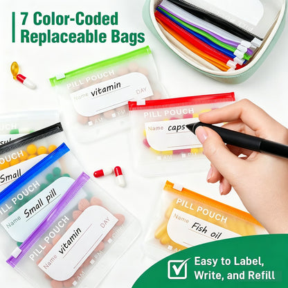 🔥Hot Sale 50% OFF🔥 💊A8 Waterproof 14-Pouch Weekly Pill Organizer, Color-Coded Travel Storage for Vitamins & Supplements