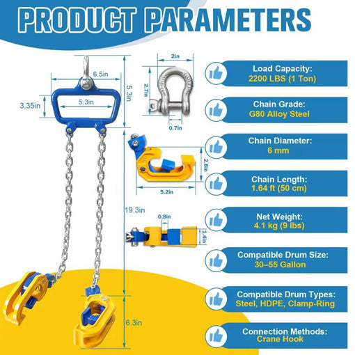 Chain Drum Lifter with Self-Locking Hook