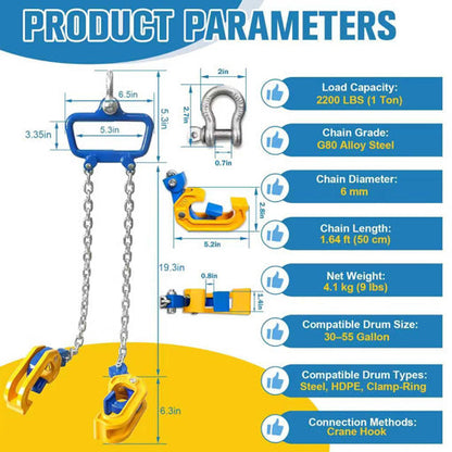 Chain Drum Lifter with Self-Locking Hook