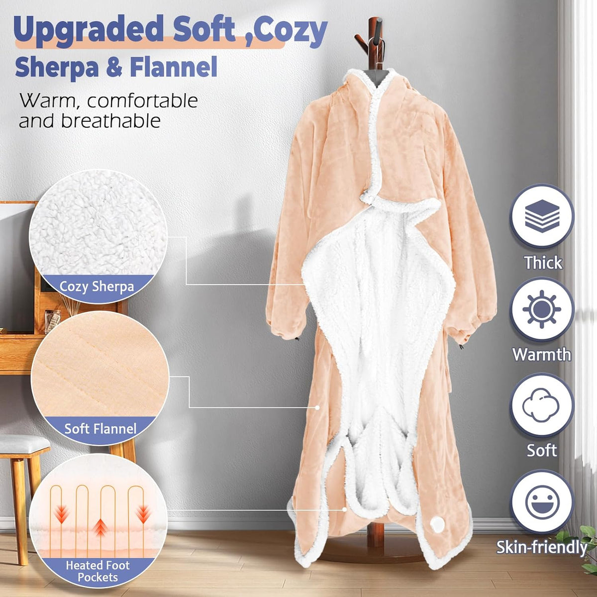 Wearable Heated Blanket with Sleeves & Foot Pocket