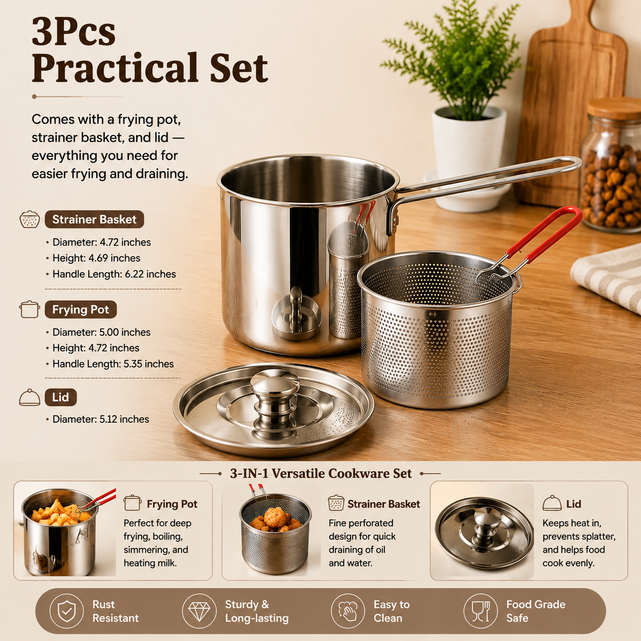 🔥Last Day 49% OFF 🔥3Pcs Stainless Steel Deep Fryer Set🍟