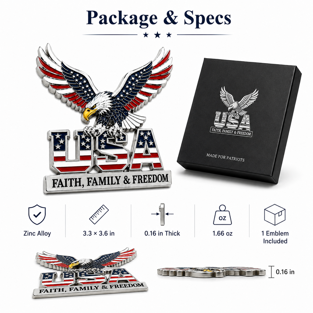 🔥Hot Sale 43% OFF 🎁3D Patriotic Eagle USA Car Emblem || Faith, Family & Freedom Metal Badge