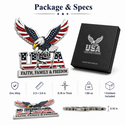 🔥Hot Sale 43% OFF 🎁3D Patriotic Eagle USA Car Emblem || Faith, Family & Freedom Metal Badge