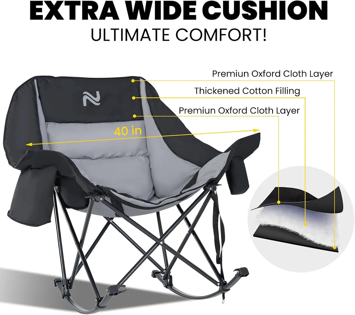 Foldable Rocking Moon Camping Chair, Padded Portable Rocker with Cup Pockets