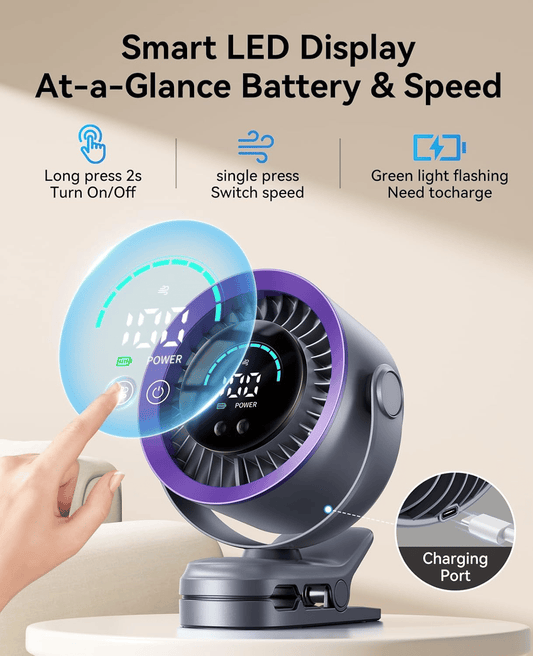 4000mAh Rechargeable Portable Clip on Fan-100-Speed Touch Control