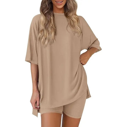 🔥Last Day 60% OFF🔥Crewneck Two-Piece Set For Women Summer Casual Oversized Split Hem Shirts