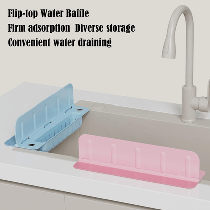 💦Foldable Kitchen Sink Splash Guard, ABS+TPE Water Splash Blocker with Suction Cups & Drainage Holes, Sponge Holder Design for Sink Edge🪣
