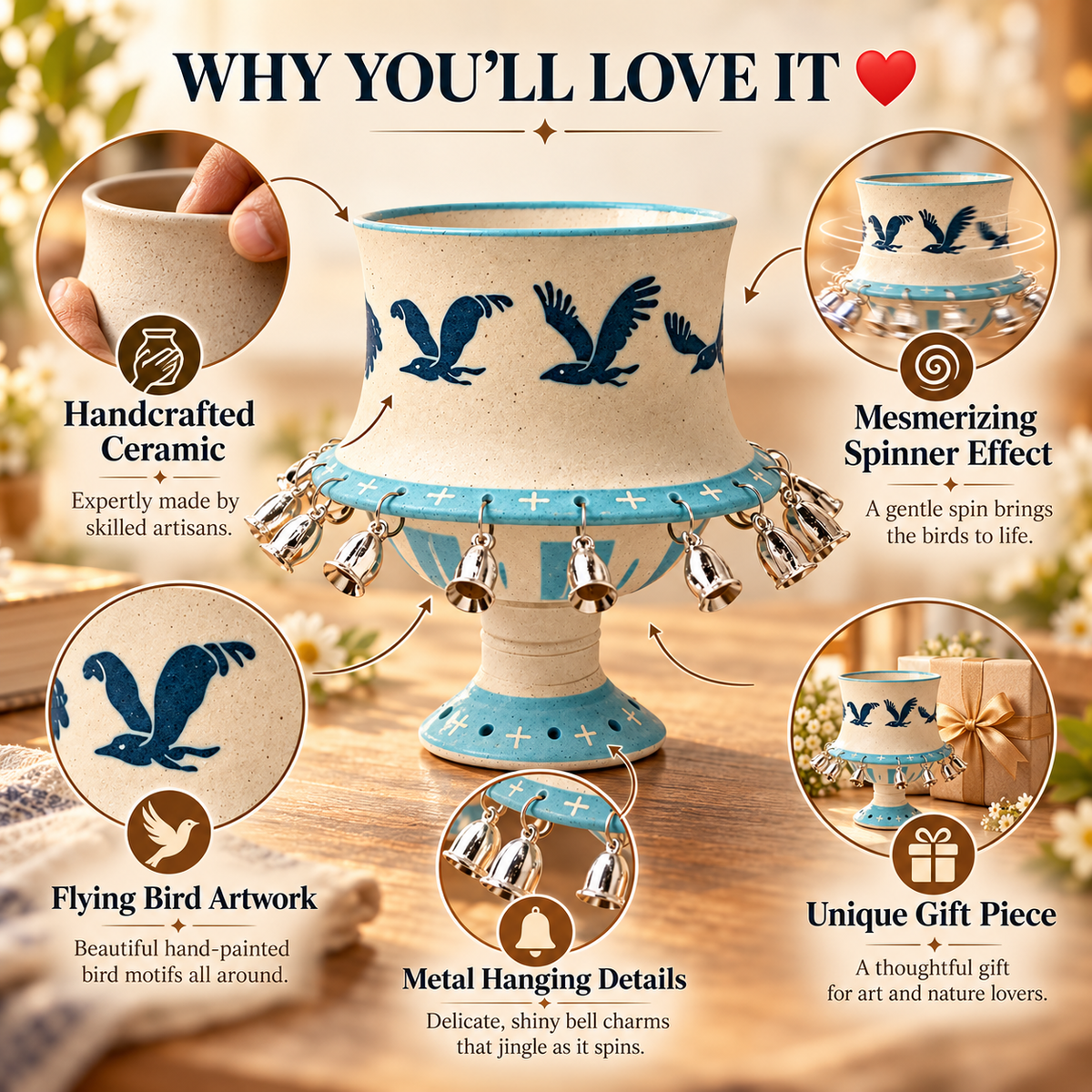🐦Flying Bird Handcrafted Ceramic Spinner Goblet