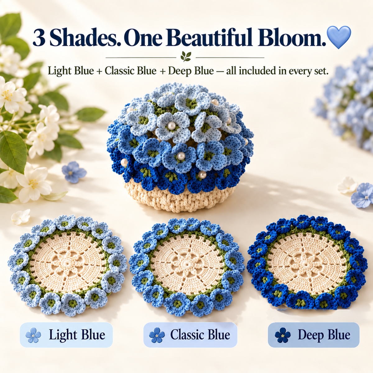 🌸Blue Hydrangea Crochet Coaster Set with Pot