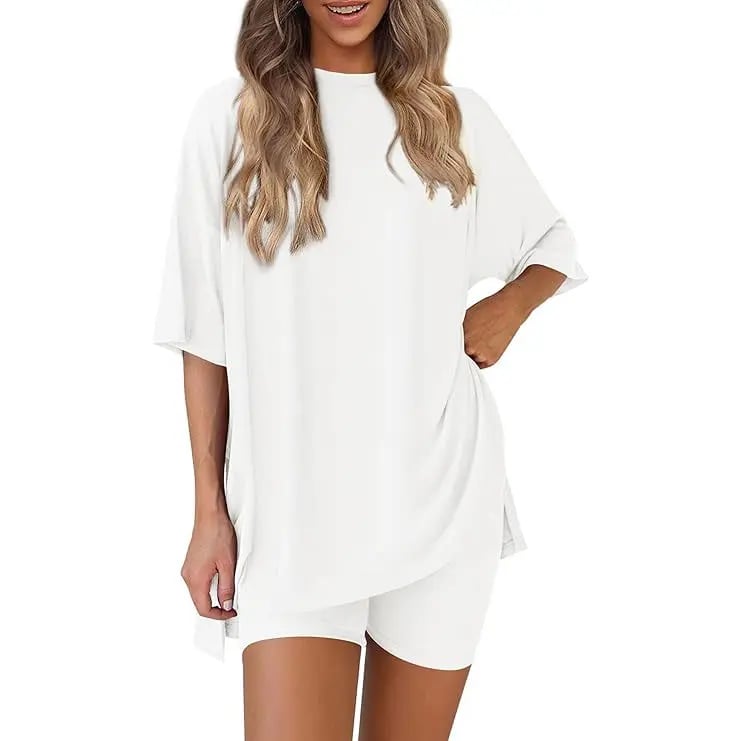 🔥Last Day 60% OFF🔥Crewneck Two-Piece Set For Women Summer Casual Oversized Split Hem Shirts