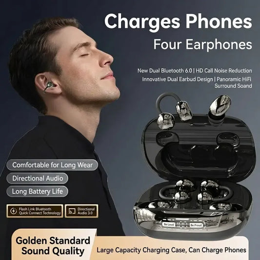 🎧 3-in-1 Wireless Earbuds with Power Bank Charging Case – Clip-On & Sleep Bluetooth Headphones with 4 Earbuds, Noise Cancellation, IPX5 Water Resistant for Sports & Sleep