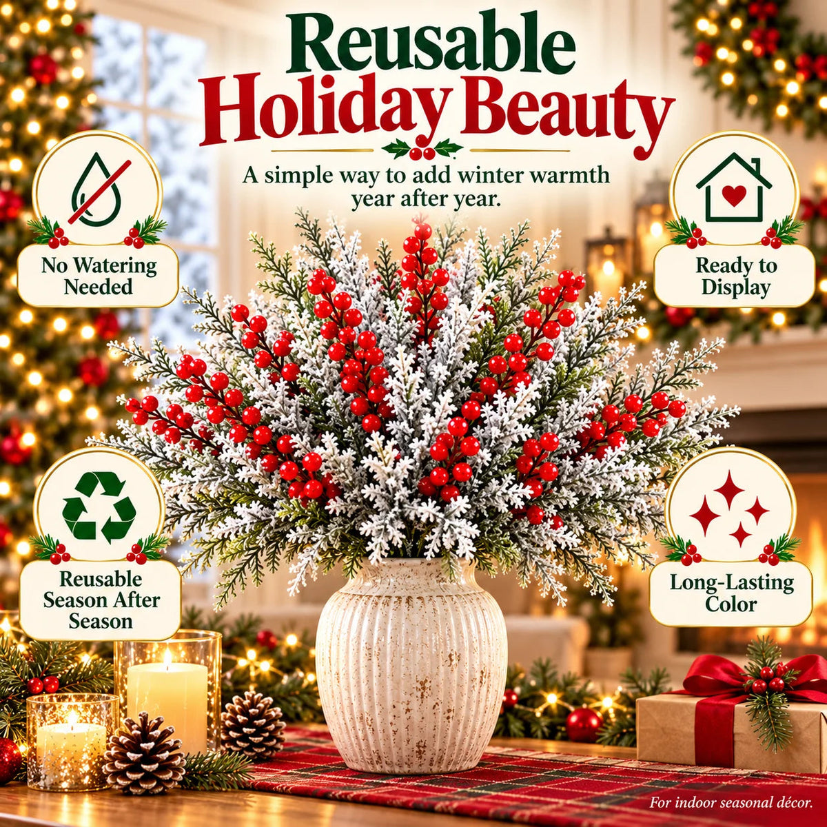 ❄️ Snow-Frosted Christmas Greenery & Red Berry Stems – Elegant Winter Home Decor 🎄
