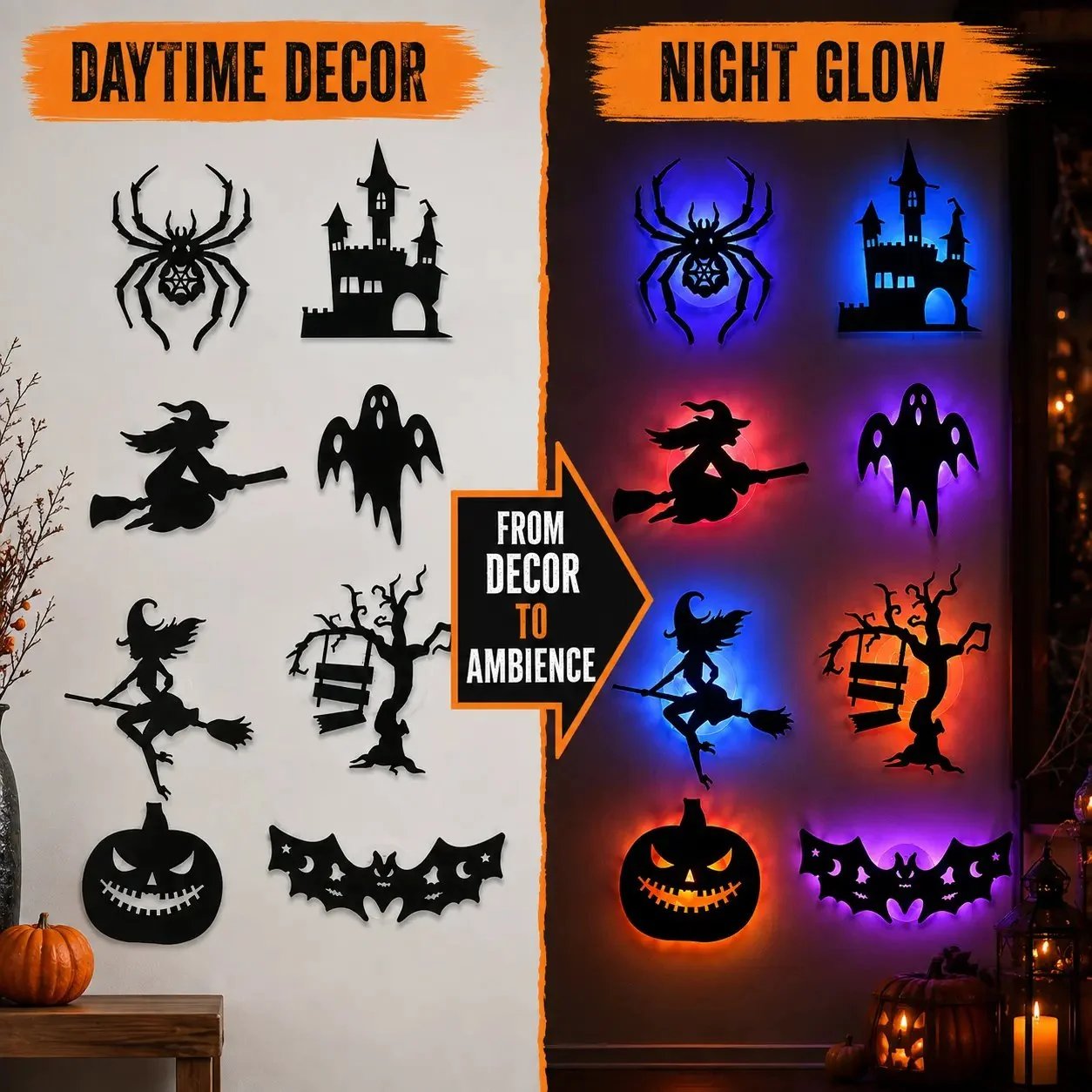 🔥LAST DAY 49% OFF | Renter-Friendly Peel & Stick Halloween LED Window Lights, No Drill No Residue, 8 Spooky Silhouette Designs