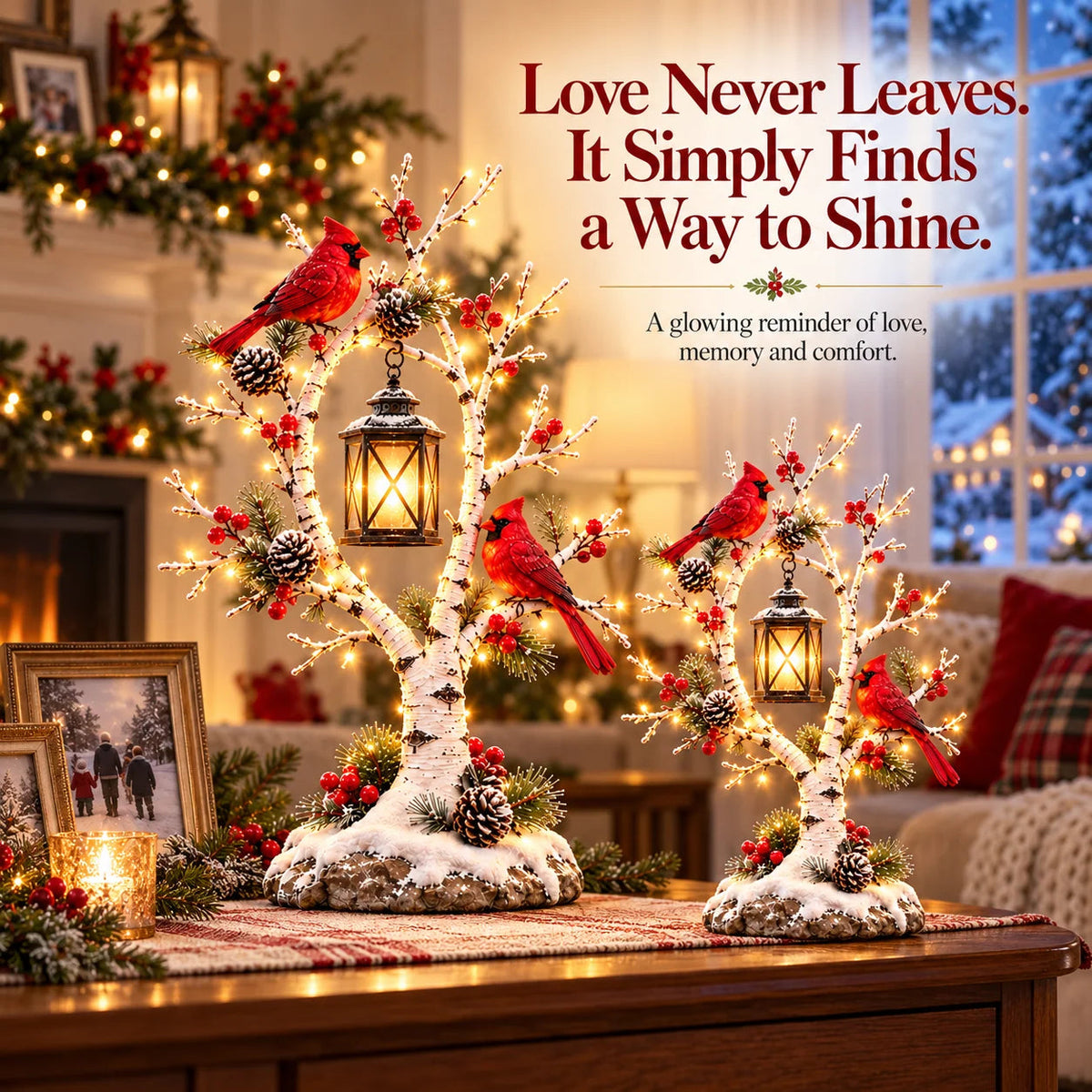 🔥Cardinal Winter Lantern Tree™ – Lighted Snowy Birch Tree with Red Cardinals & Hanging Lantern ✨