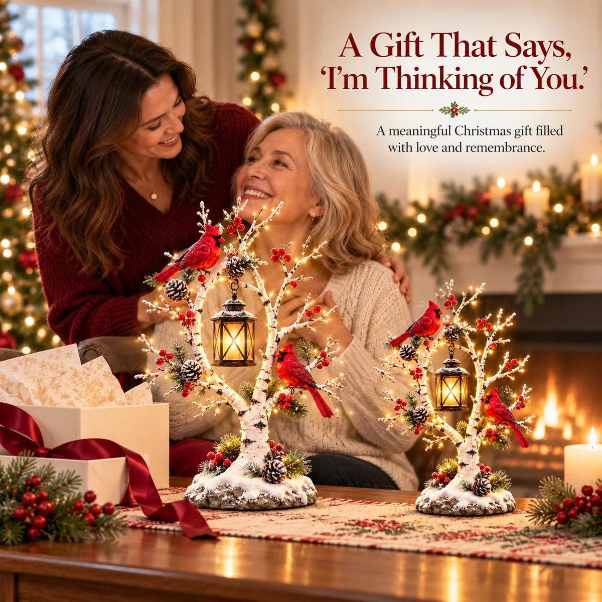 🔥Cardinal Winter Lantern Tree™ – Lighted Snowy Birch Tree with Red Cardinals & Hanging Lantern ✨