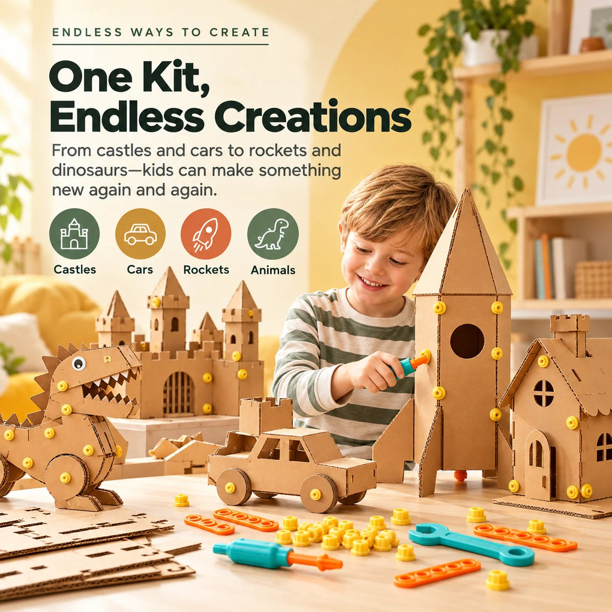 🛠️✨ Kids' DIY Cardboard Building Tool Kit – Creative Construction & Reusable Connectors