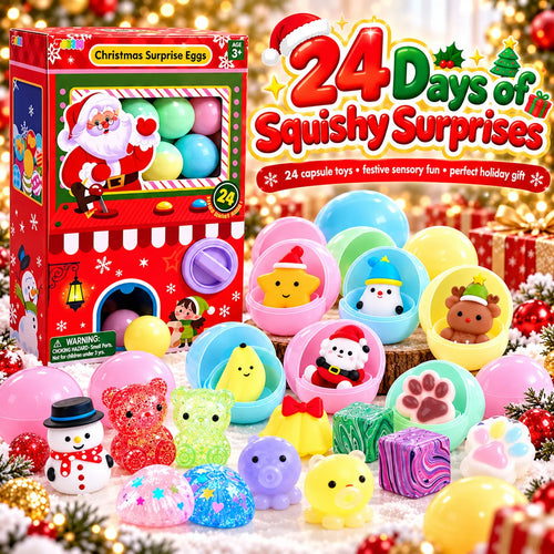 24-Day Christmas Gachapon Squishy Advent Calendar – 24 Surprise Capsule Sensory Toys with Twist-to-Dispense Machine Box