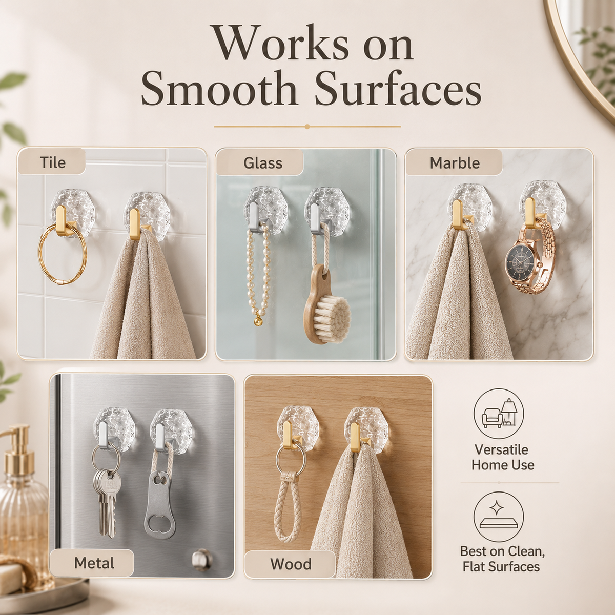 Hexagon adhesive hooks on smooth surfaces