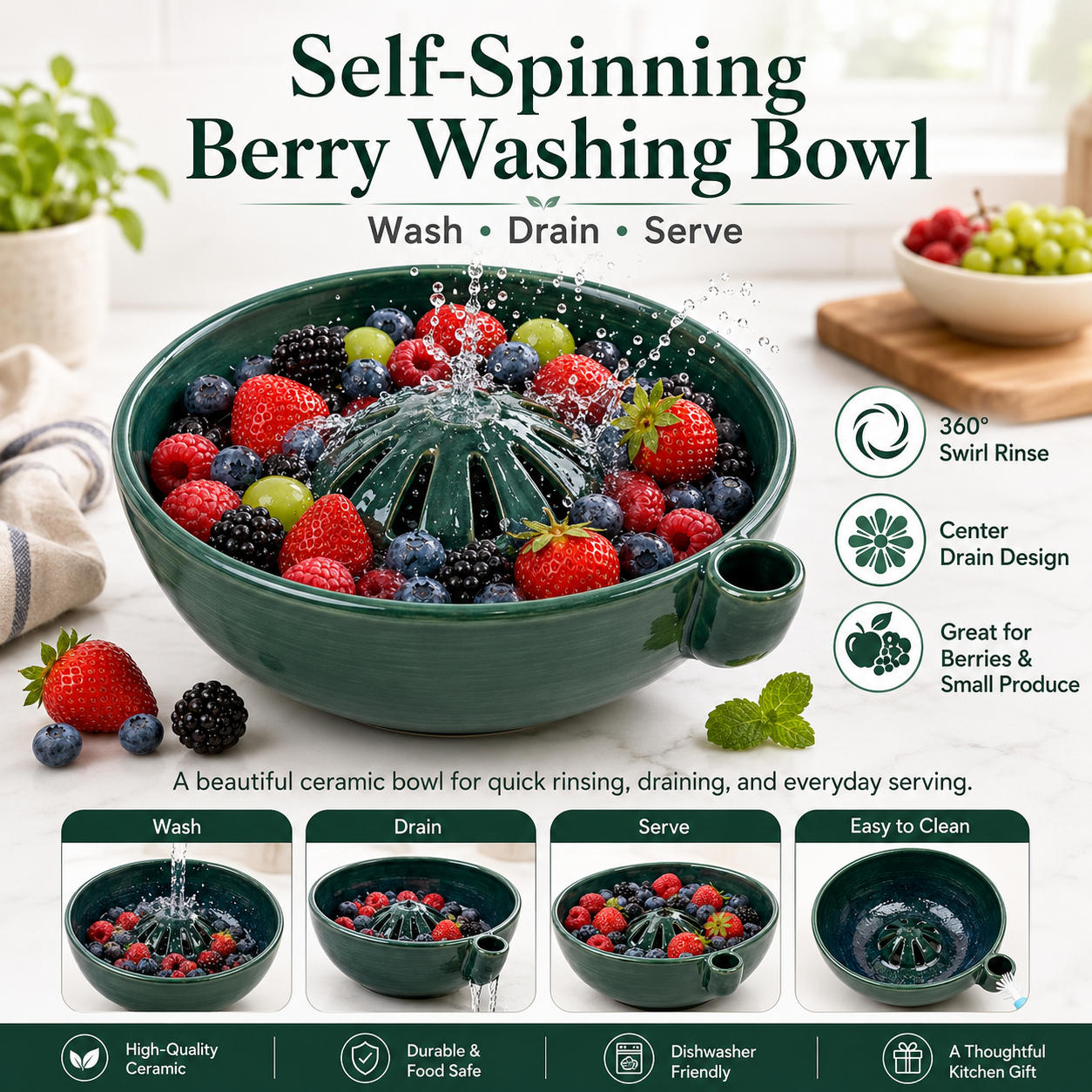 🔥Hot Sale 50% OFF 🎁Self Spinning Berry Washing Bowl, Automatic swirl fruit colander with drain hole, multipurpose kitchen washer for berries, fruits and vegetables