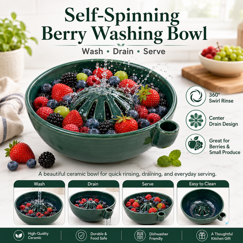 🔥Hot Sale 50% OFF 🎁Self Spinning Berry Washing Bowl, Automatic swirl fruit colander with drain hole, multipurpose kitchen washer for berries, fruits and vegetables