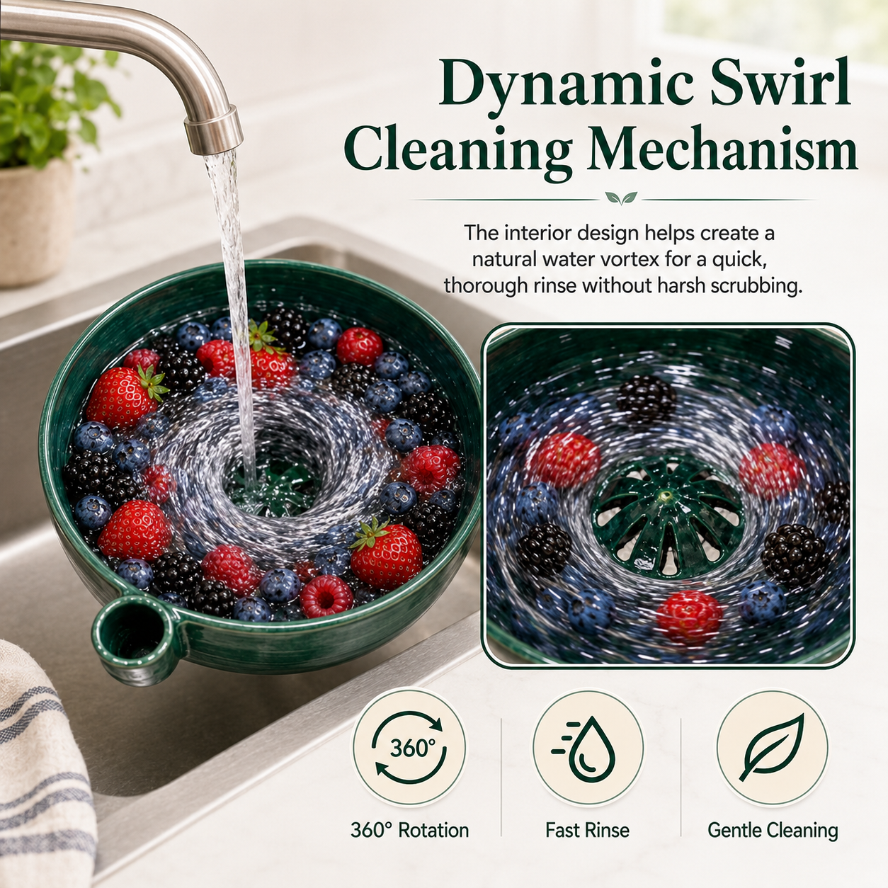 🔥Hot Sale 50% OFF 🎁Self Spinning Berry Washing Bowl, Automatic swirl fruit colander with drain hole, multipurpose kitchen washer for berries, fruits and vegetables
