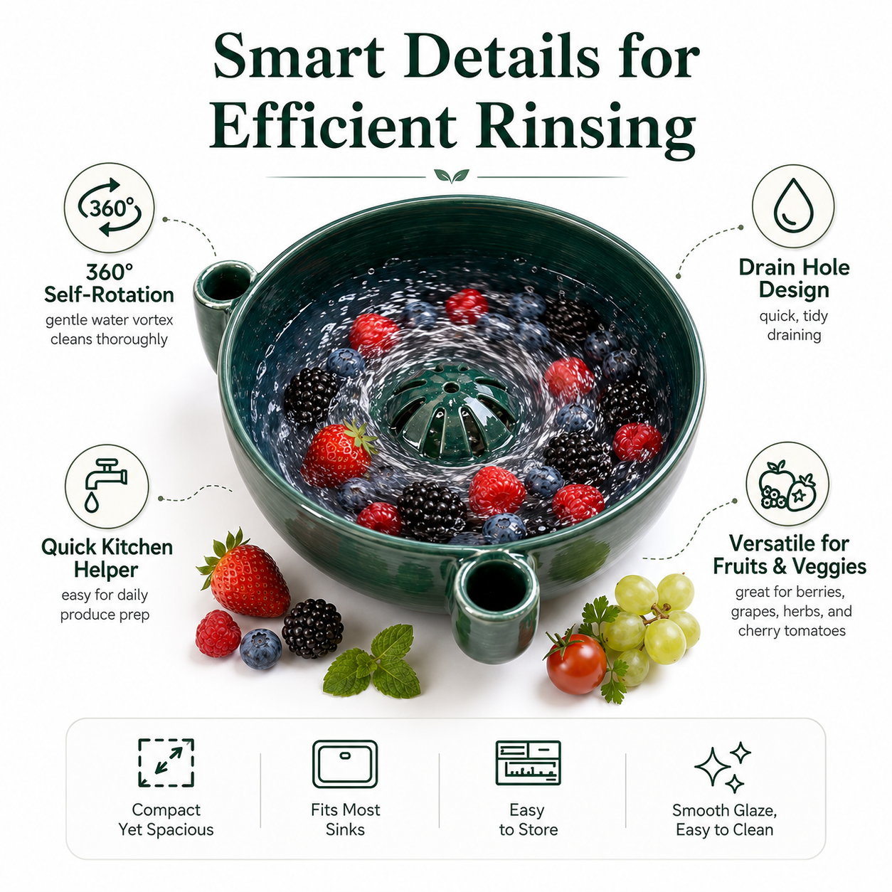 🔥Hot Sale 50% OFF 🎁Self Spinning Berry Washing Bowl, Automatic swirl fruit colander with drain hole, multipurpose kitchen washer for berries, fruits and vegetables