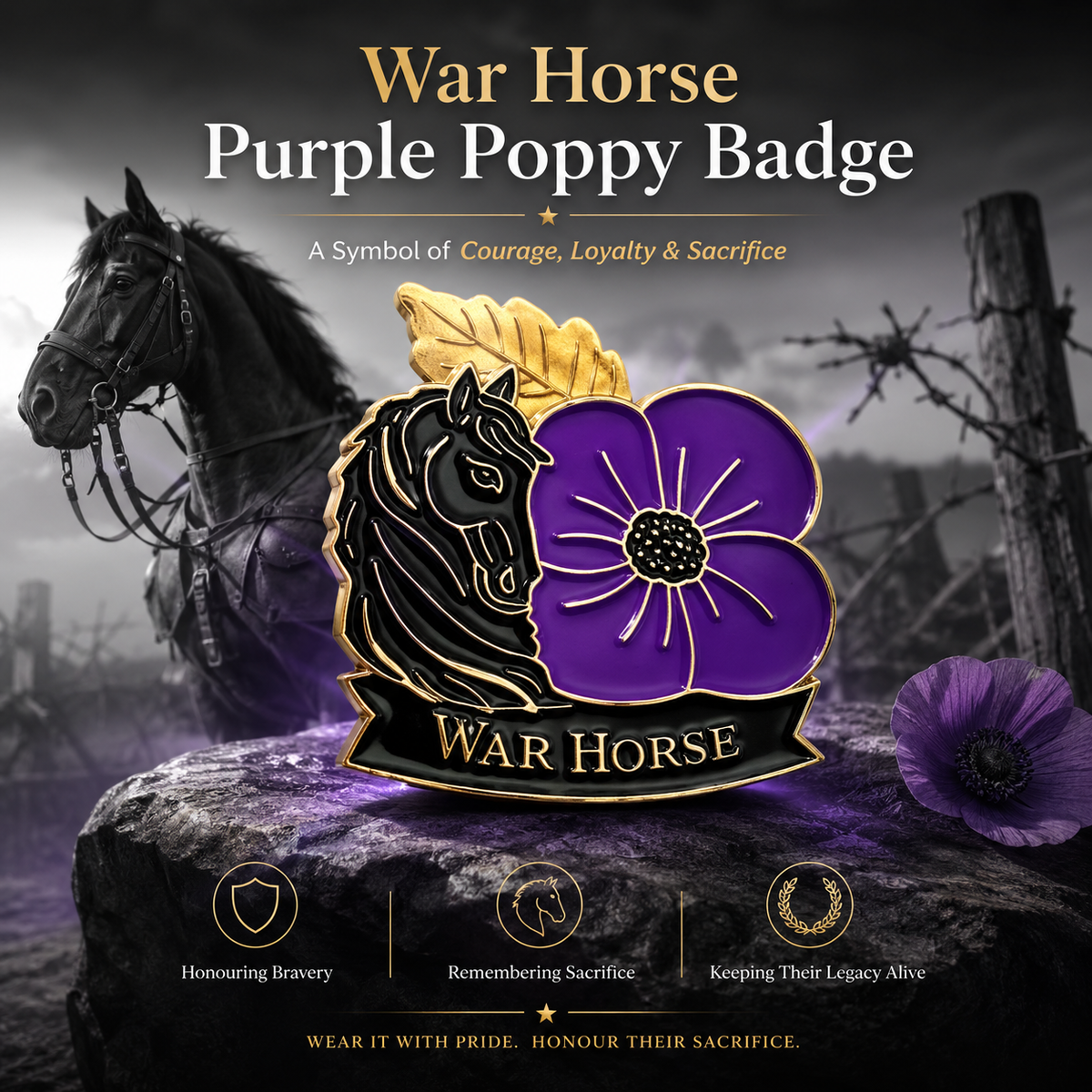 ✈️Last Day 50% OFF✨Limited Edition War Horse Purple Poppy 111th Anniversary Remembrance Brooch