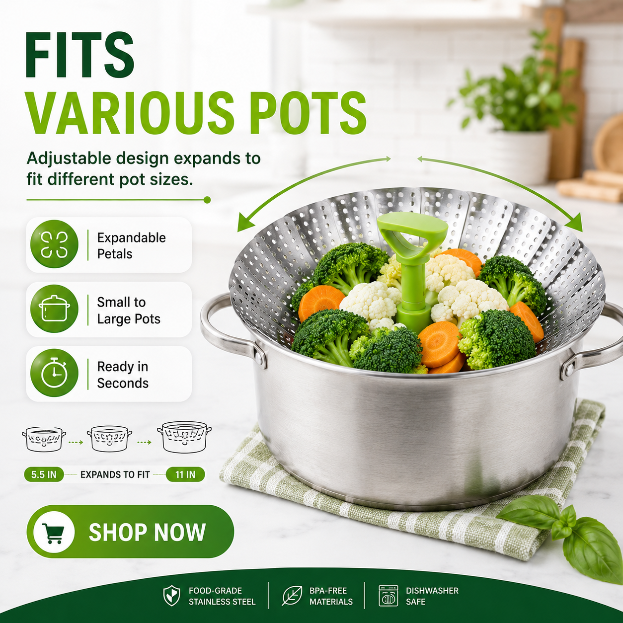 🔥Limited time 50% OFF — Stainless Steel Collapsible Vegetable Steamer Basket