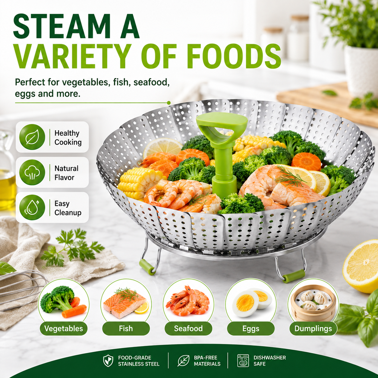 🔥Limited time 50% OFF — Stainless Steel Collapsible Vegetable Steamer Basket