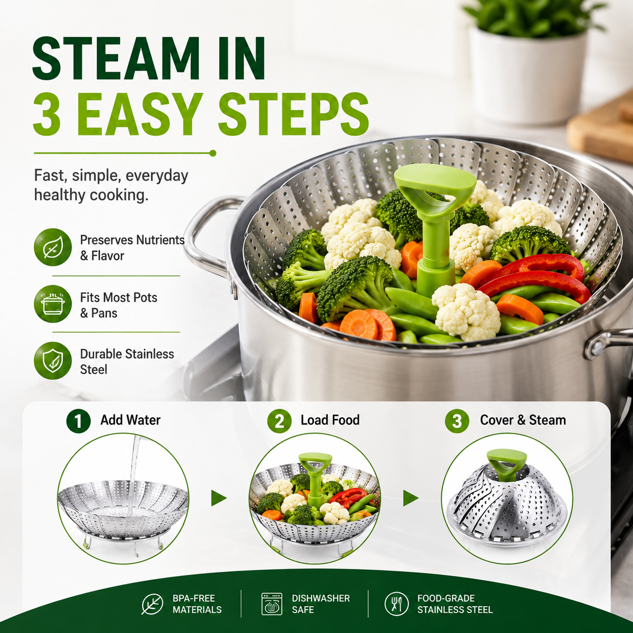 🔥Limited time 50% OFF — Stainless Steel Collapsible Vegetable Steamer Basket