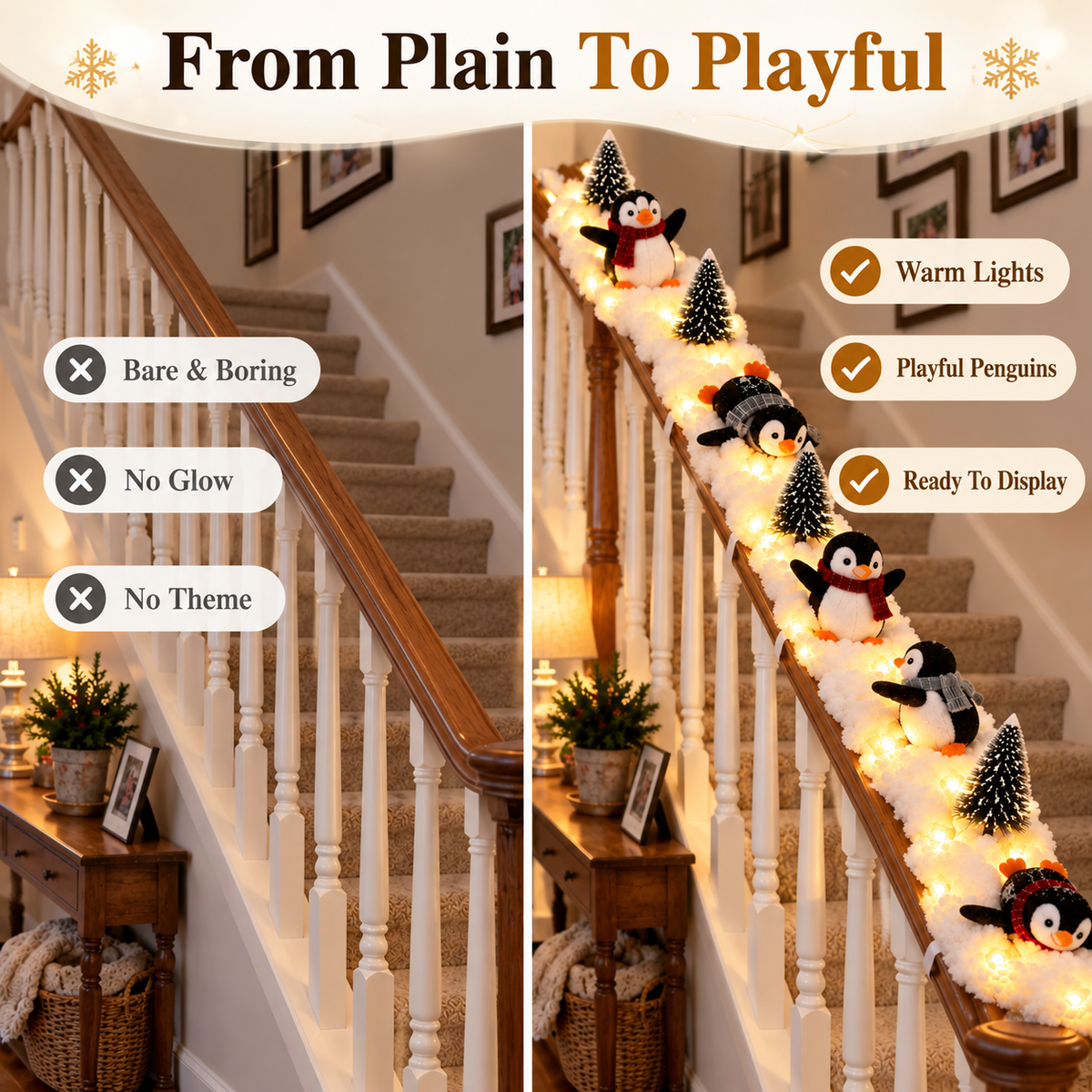 🐧 Limited-time 50% off — Lighted penguin Christmas stair snow garland