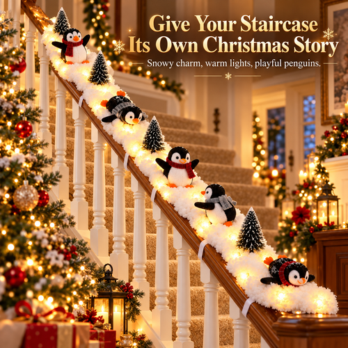 🐧 Limited-time 50% off — Lighted penguin Christmas stair snow garland