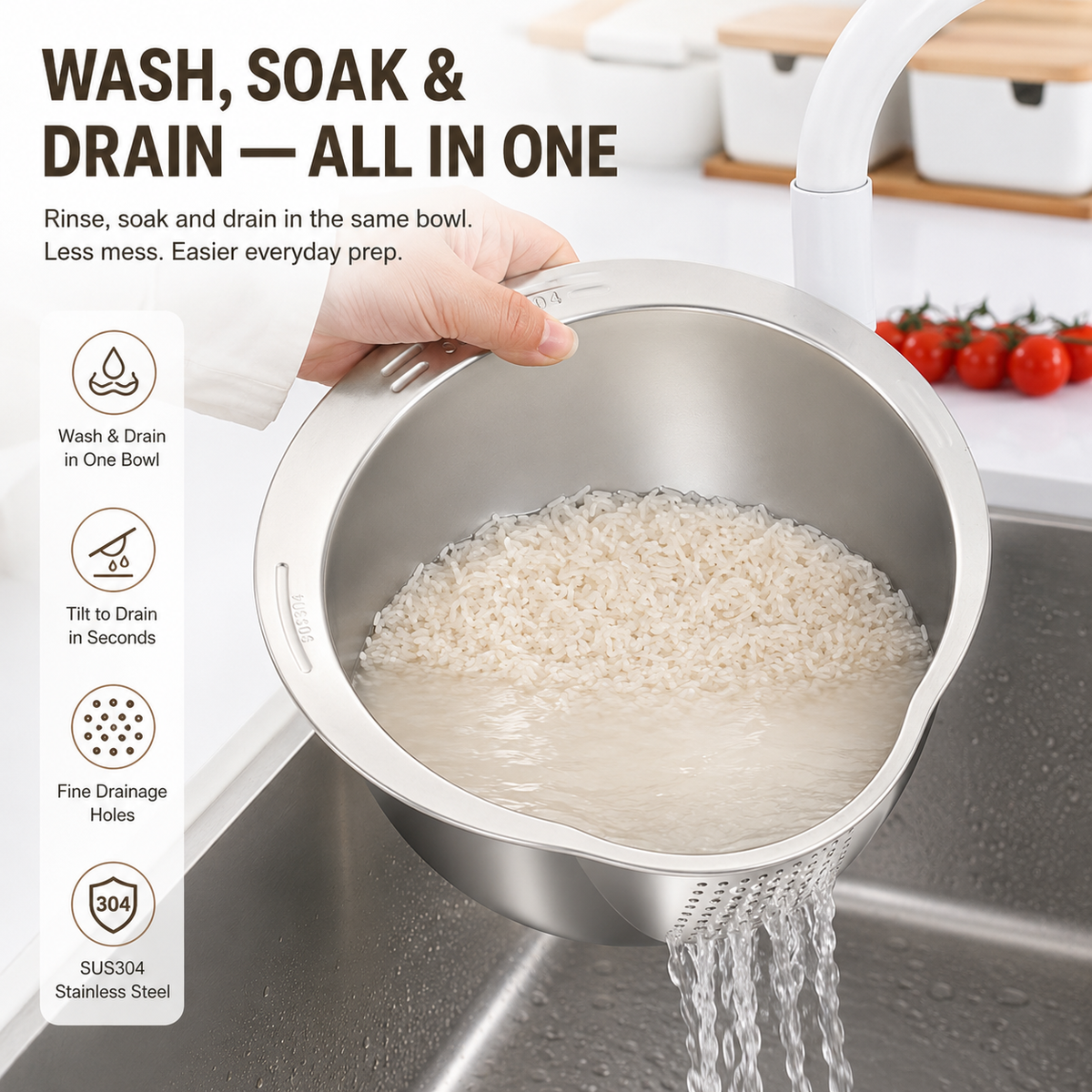 🔥Limited time 50% OFF——304 Stainless Steel Rice Washing &amp; Draining Bowl