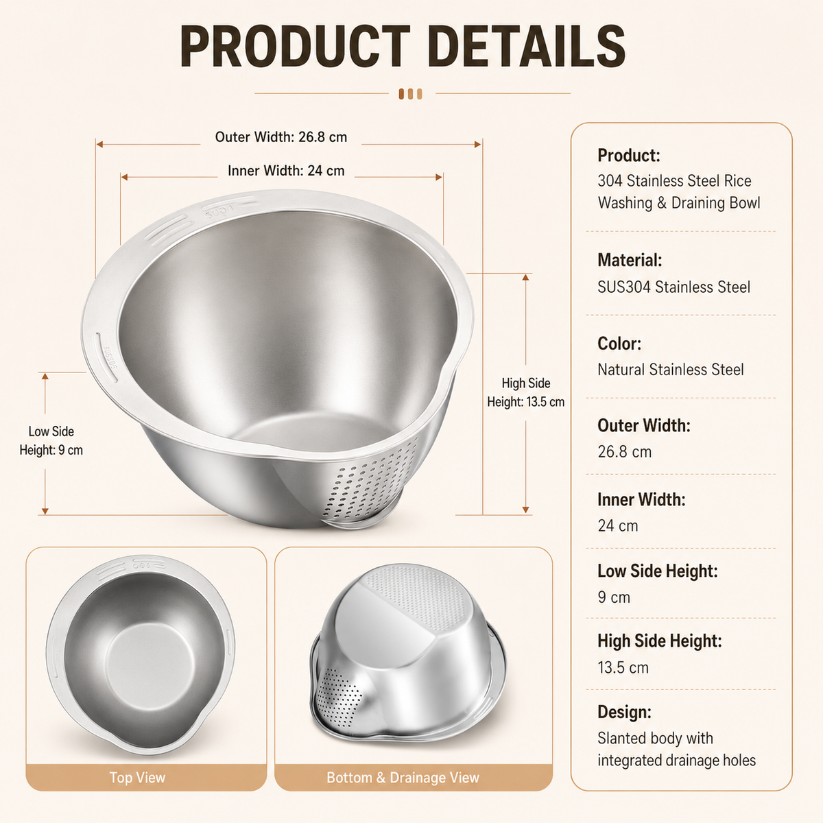 🔥Limited time 50% OFF——304 Stainless Steel Rice Washing &amp; Draining Bowl