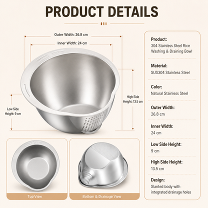 🔥Limited time 50% OFF——304 Stainless Steel Rice Washing &amp; Draining Bowl