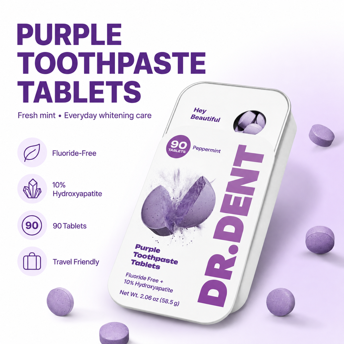 DR.DENT Purple Whitening Toothpaste Tablets – Hydroxyapatite + PAP